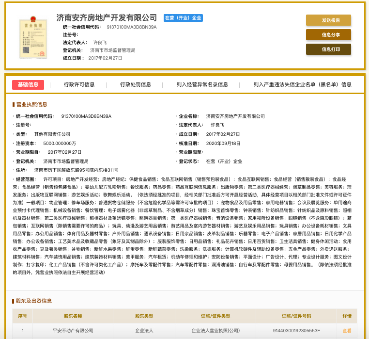 济南安齐房地产未组织竣工验收擅自交付使用被罚 平安不动产系其最大股东